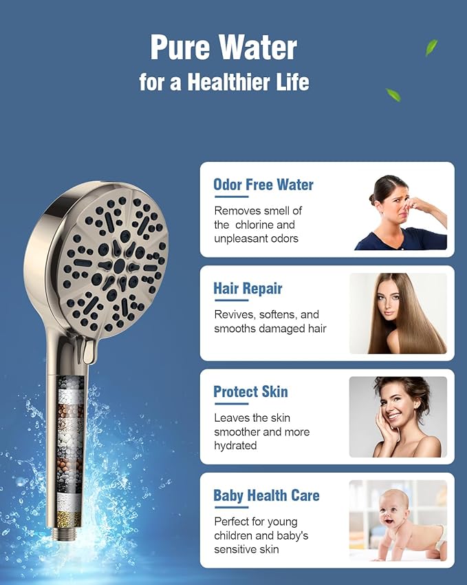 Filtered Shower Head with Handheld Brushed Nickel, BOWGER 6 Modes High Pressure Shower Heads with Power Wash Mode and Hard Water Filter, Detachable Hand Held Showerhead Set with Extra Long Hose