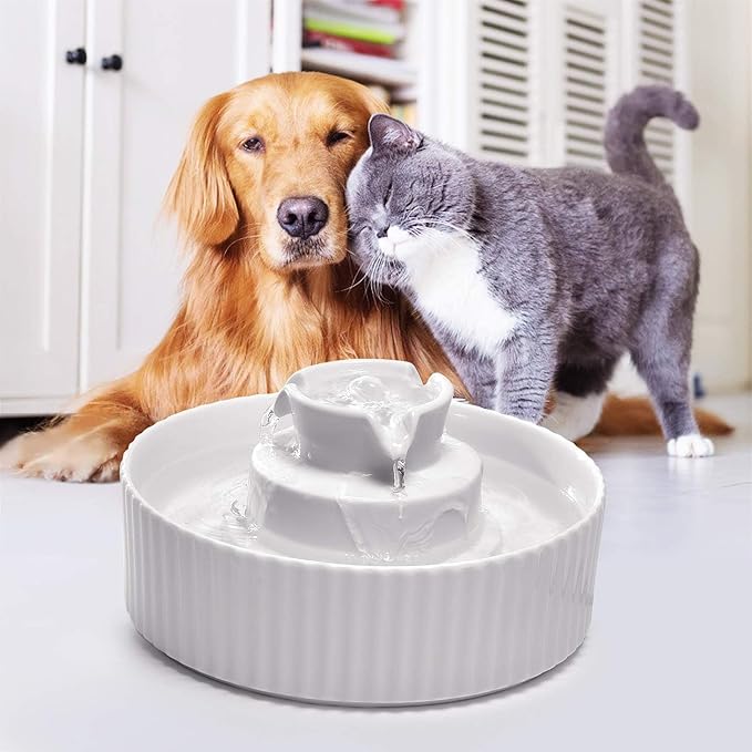 2.1L Ceramic Cat Water Fountain-for Cats and Dogs, 360 Ceramic Pet Fountain-70 Oz Large Water Capacity - Whisper-Quiet Water Flow-Great for Shy or Timid Pets - Fresh, Filtered Water(White)