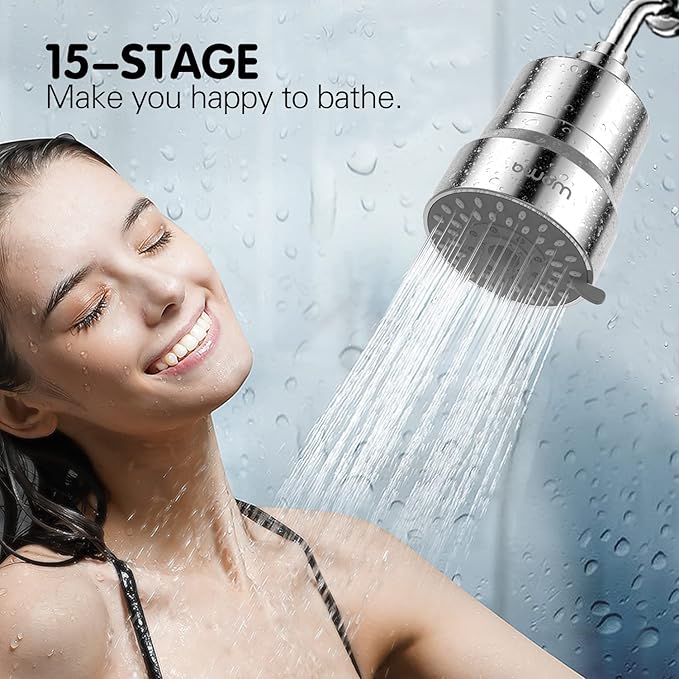 Filtered Shower Head, 2-in-1 Shower Head Filter-5 Modes High Pressure Output with 15 Stage Hard Water Shower Filter Cartridge for Remove Chlorine Heavy Metals and Other Sediments