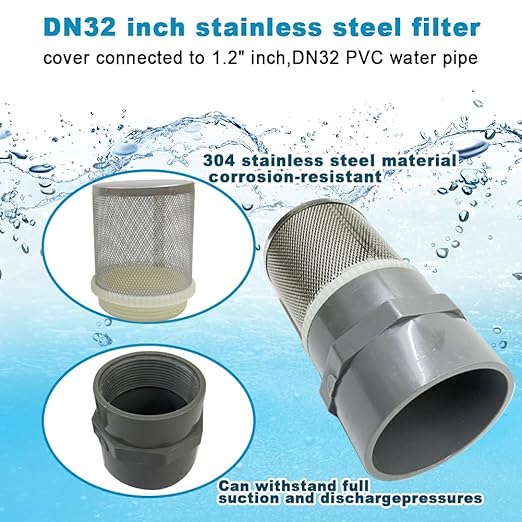 1.2 inch Stainless Steel Filter Cover Connected to 1.2 inch/DN32 Grey PVC Water Pipe, Suction Strainers Used to Remove Debris and Reduce Solid Entry(1pcs)
