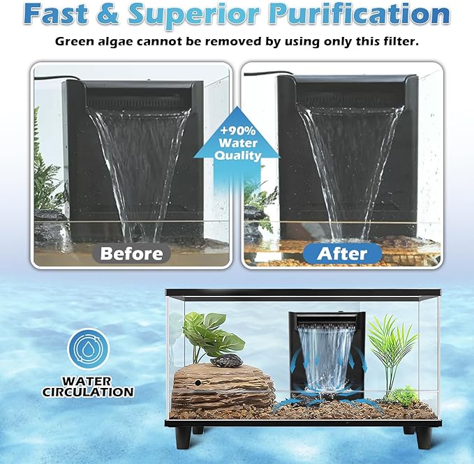 Turtle Tank Filter Aquarium Filter Power Adjustable 20-75 Gal. 290GPH Large Internal Filter 3-Stage Waterfall Bio-Filtration Low Water Level for Freshwater Saltwater Fish Tank Reptile Shrimp Frog
