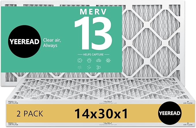 14x30x1 MERV 13 Air Filters, 2-Pack – Actual Size 13.7" x 29.7" x 0.75" – High-Efficiency Pleated Filter for HVAC, AC & Furnace Systems – Advanced Filtration for Cleaner Air