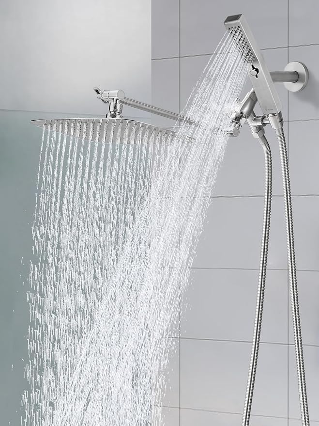 G-Promise All Metal 12 Inch Dual Square Shower Head with Handheld Spray Combo, Rain Shower Head, Adjustable Extension Arm, 3-Way Diverter, 71 Inch Extra Long Hose - A Bathroom Upgrade(Brushed Nickel)