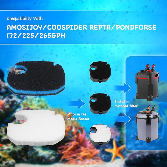 12 Pcs Replacement Canister Filter Pads Compatible with PONDFORSE 172/225/265GPH, Aquarium Filter Floss for AMOSIJOY Canister Filter(6 White Floss Pads & 6 Coarse Filter Pads with Actived Carbon)