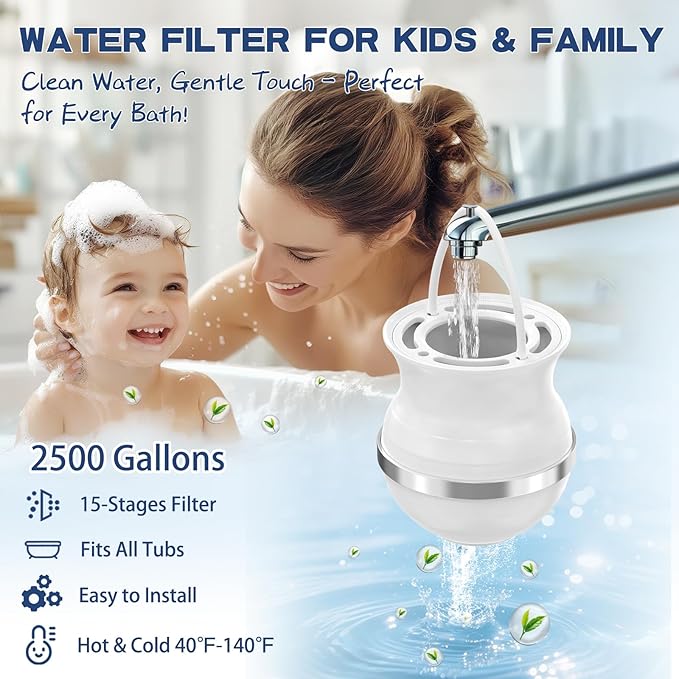 Upgrade Bath Filter 3.0, 15-Stage Bath Water Filter for Tub Faucet, Removes 99.9% of Chlorine & Contaminants, BPA-Free, 2500 Gallons, Bathtub Filter Hard Water Softener for Healthier Skin, Hair, Nails