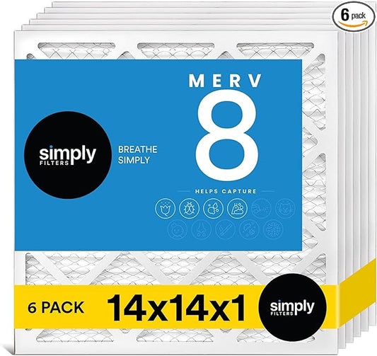 Simply 14x14x1 Air Filter, MERV 8, MPR 600, 6 Pack, For Home AC Furnace & HVAC (Actual Size: 13.75"x13.75"x0.75") DUST, Pet, & Allergy Control