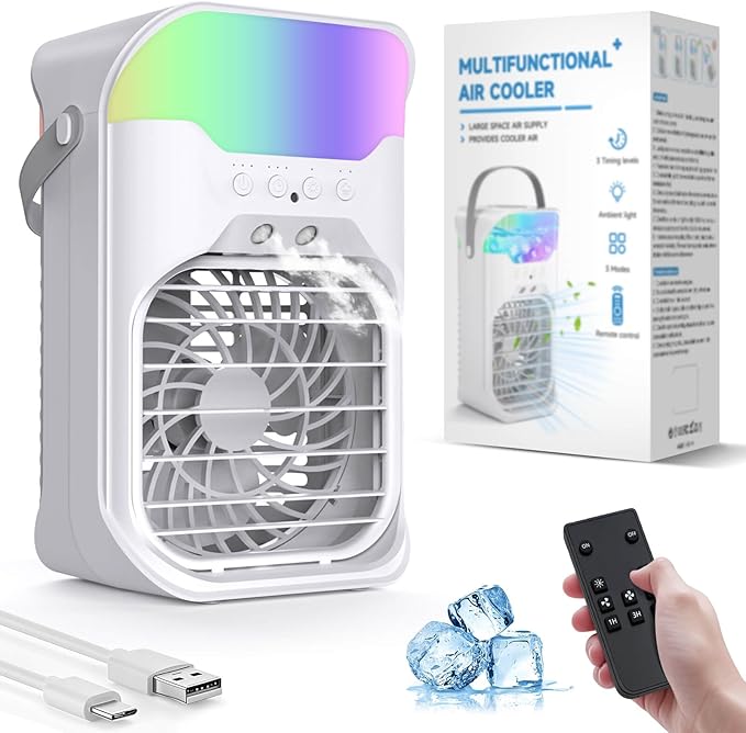 Portable Air Conditioner, 1500ML, Removable & Washable Fan Blades, Timer Function, 4 Speeds, 2 Cool Mists, 7-Color Light, Personal Evaporative Air Cooler for Home, Office, Bedroom, and Camping-White