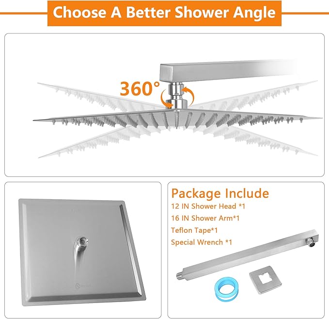 HarJue Shower Head with Extension Arm, High Pressure Square with ShowerArm, Stainless Steel Rainfall-Waterfall Full Body Coverage (12'' Shower with 16'' Arm, Brushed Nickel)