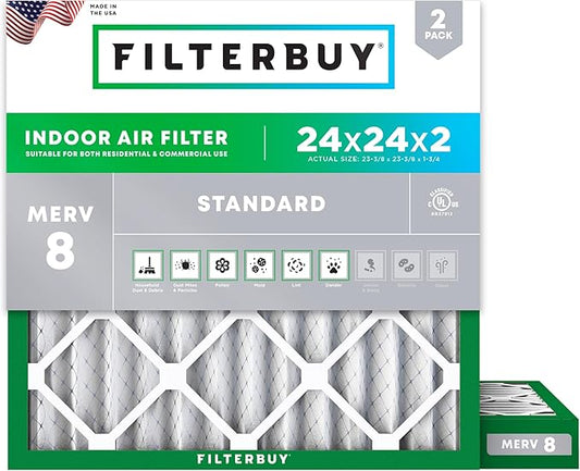 Filterbuy 24x24x2 Air Filter MERV 8 (MPR 700) Dust Defense Replacement (2-Pack), Electrostatic Pleated HVAC AC Furnace Filters, Made in USA (Actual Size: 23.38 x 23.38 x 1.75)