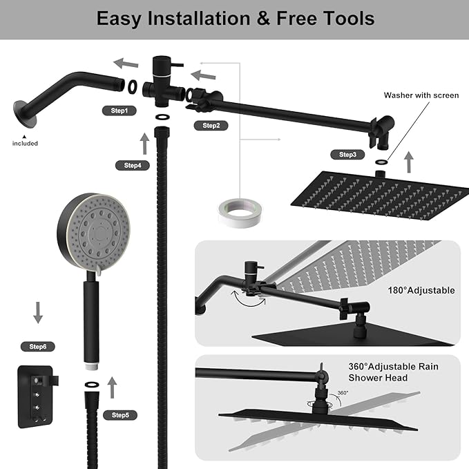 Shower Heads with Handheld Spray Combo 10" Matte Black High Pressure Rain Shower Head 11" Adjustable Extension Arm and 5 Settings Adjustable SUS 304 Handheld Showers, Shower Head Rainfall