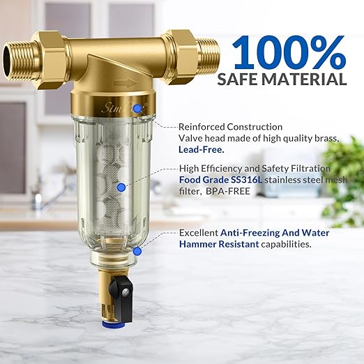 SimPure DC5S 40 Micron Spin Down Sediment Filter, Reusable Whole House Sediment Water Filter Softener with Siliphos Helps Prevent Scale and Corrosion, 1" MNPT + 3/4" FNPT + 3/4"MNPT, BPA Free