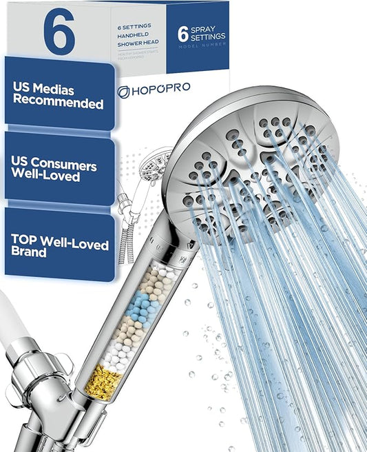6-Mode High Pressure Handheld Shower Head with Filter, HOPOPRO High Flow Filtered Handheld Showerhead, Water Softener Filters for Hard Water - Removes Chlorine - Improves Skin Hair Condition