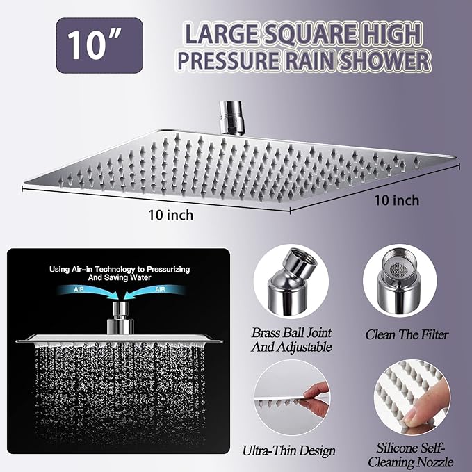 10" High Pressure Square Rainfall Shower Head and 2-in-1 Hand Shower, Equipped with 78"Hose,3 Way Diverter Valve, Adhesive Shower Head Holder (AWAXFOLO Chrome Square Shower Head Set)