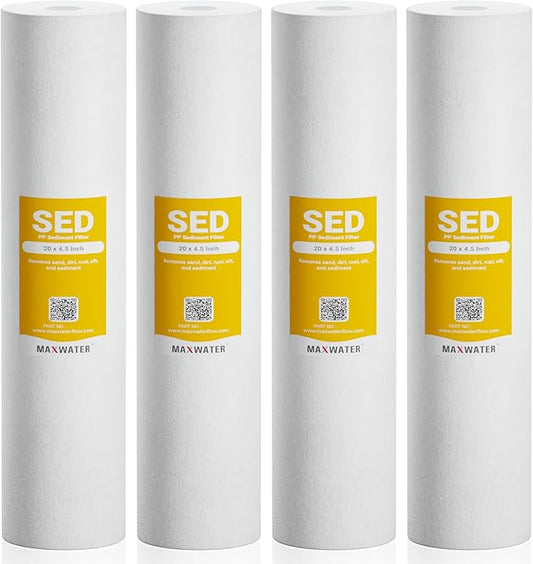 Max Water 1 Micron 20 x 4.5 Sediment Filter - Whole House BB Water Filtration System Replacement Cartridge Compatible with DGD-5005-20, AP810-2, FP25B, SDC-45-2005, 4 Pack