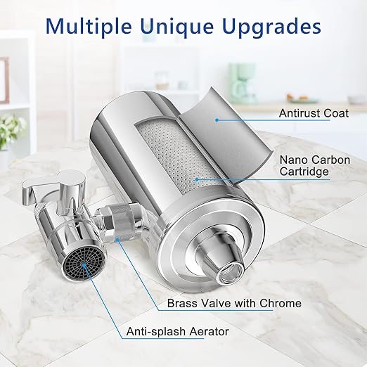 Faucet Water Filter, 1200-Gallons Water Faucet Filtration System, 304 Stainless Steel Tap Water Filter with with Dual 360-degree Swivels, Remove Chlorine, Lead, Odors, Bad Tastes and More