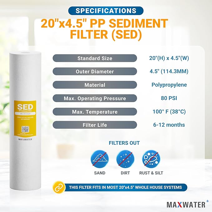 Max Water 5 Micron 20 x 4.5 Sediment Filter 20 inch Whole House BB Water Filtration System Replacement Compatible Cartridge DGD-5005-20, FP25B, AP810-6, FPMB5-20, P5-20, 155358-43, SDC-45-2005