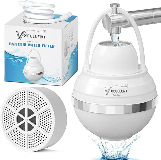 VXCELLENT 8-Stage Bathtub Water Filter – Removes Chlorine & Impurities – Vitamin C + Carbon Filtration – Long-Lasting 5,000 Gallons – Skin & Hair Friendly Bath Filter