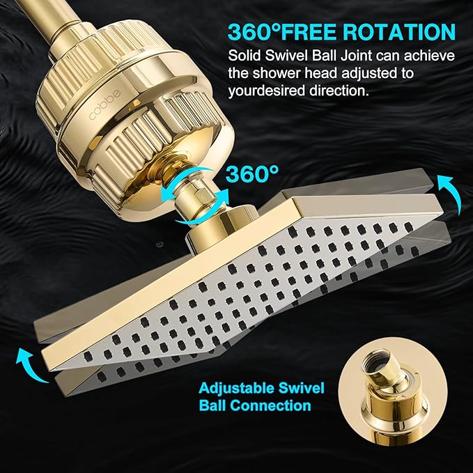 Cobbe High Pressure Filtered Shower Head Combo, Rain Shower Head with 20 Stage Shower Head Filter for Hard Water - Adjustable Replacement Remove Chlorine and Harmful Substances, Gold