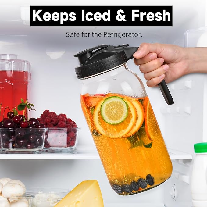 2 Pack 64oz Glass Mason Jar Pitcher with Airtight Lid and Handle – Wide Mouth, Leak-Proof, Ideal for Sun Tea, Cold Brew, Lemonade, Iced Coffee, Milk, and Water (Gray)