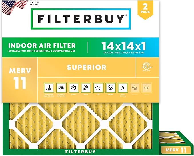 Filterbuy 14x14x1 Air Filter MERV 11 (MPR 1200) Allergen Defense Replacement (2-Pack), Electrostatic Pleated HVAC AC Furnace Filters, Made in USA (Actual Size: 13.75 x 13.75 x 0.75)