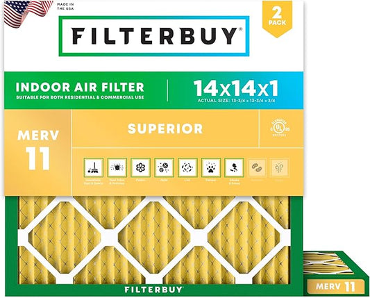 Filterbuy 14x14x1 Air Filter MERV 11 (MPR 1200) Allergen Defense Replacement (2-Pack), Electrostatic Pleated HVAC AC Furnace Filters, Made in USA (Actual Size: 13.75 x 13.75 x 0.75)