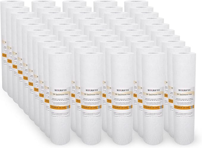 Max Water 10 inch x 2.5 inch, 5 Micron Replacement Sediment Water Filter Cartridge for Whole House, Melt Blown Filtration Fiber for Heavy Duty (Pack of 50)