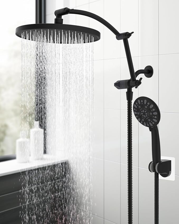 Hibbent Self-cleaning Shower Head, 10'' High Pressure Rainfall Showerhead with Handheld, 16'' Adjustable Arc-shape Extension Arm, 71'' Hose, Showerhead Holder, Matte Black