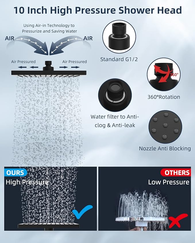 Hibbent Thickness 10'' Rain Shower Head, High Pressure Handheld Spray, Showerhead Combo with 16'' Adjustable Arc Shower Extension Arm, 7 Settings, 71'' Hose, Adhesive Shower Holder, Matte Black