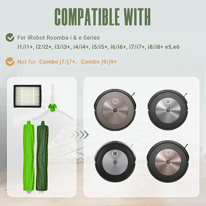 Replacement Parts Accessories Kit for iRobot Roomba i7 i7+ i6 i6+ i3 i3+ i8 i8+ i4 i4+ i5 i5+ i2 i2+ i1 i1+ i e Series Robotic Vacuum Attachment, 1 Rubber Brush, 5 HEPA Filter, 6 Side Brush