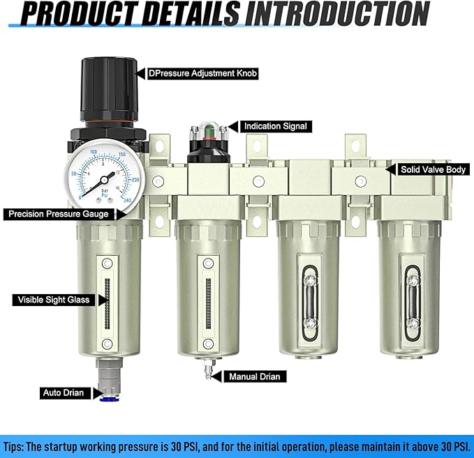 4 Stage Heavy Duty Industrial Grade 3/4" NPT Air Drying System, Auto Drain,Coalescing Filter,Particulate Filter,Double Desiccant Dryer and Air Regulator For Plasma Cutter and Paint Spray