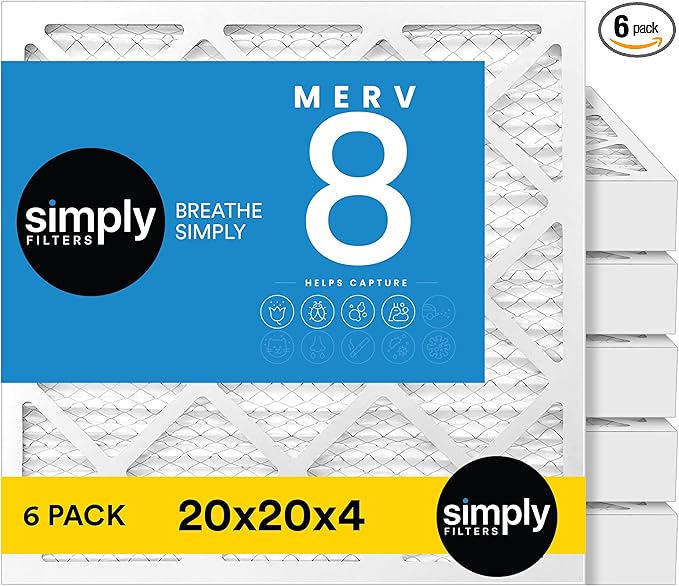 Simply 20x20x4 Air Filter, MERV 8, MPR 600, 6 Pack, Furnace Air Filter for HVAC (Actual Size:19.5"x19.5"x3.63") DUST, Pet, & Allergy Control