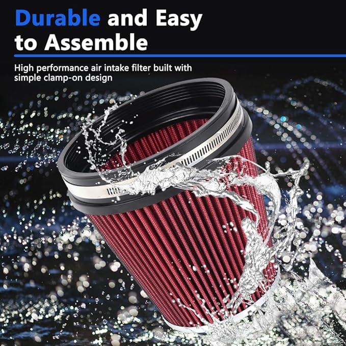 MUGE RACING 6" 152 mm High Flow Inlet Air Filter, Air Intake Cone Filter Replacement Performance Washable Clamp-On Dry, 6'' Tall(Red)