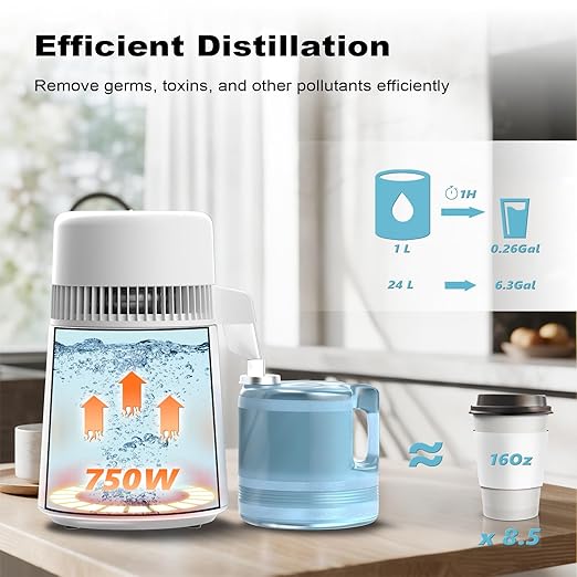 ROVSUN 【Upgraded】 1.1 Gallon/4L Water Distiller Countertop Distilled Water Machine with Flame-Retardant Material, BPA-Free Container & Stainless Steel Interior, 750W Distilled Water Maker Purifier