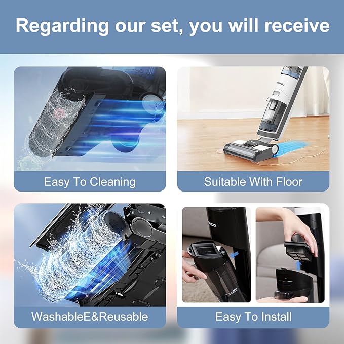 Vacuum Mop Replacement Parts Compatible with Tineco Roller Brush Replacement, Suitable with Ifloor 3 Series, Floor One S3 Series, Ifloor 5 Breeze Cleaner, Set Includes 3 Roller Brushes and 6 Filters