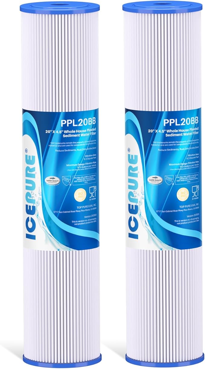 ICEPURE 5 Micron 20" x 4.5" Whole House Pleated Sediment Filter Replacement Cartridge for Well Water, Compatible with ECP5-BB, AP810-2, HDC3001, SPC-45-1005, CP5-BB, ECP1-20BB, S1-20BB,R30-20BB, 2Pack