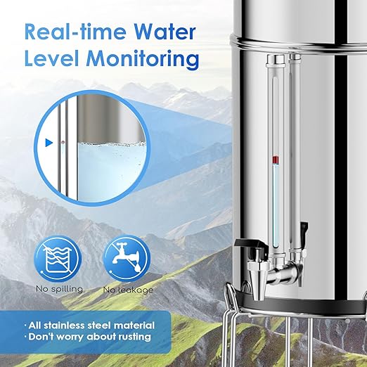Purewell 3-Stage Gravity Fed Water Filter System, 2.25 Gallon Stainless Steel Countertop System with 2 Washable Ceramic Filters, Metal Water Level Spigot and Stand, Reduce up to 99% Chlorine, PW-OBT-K