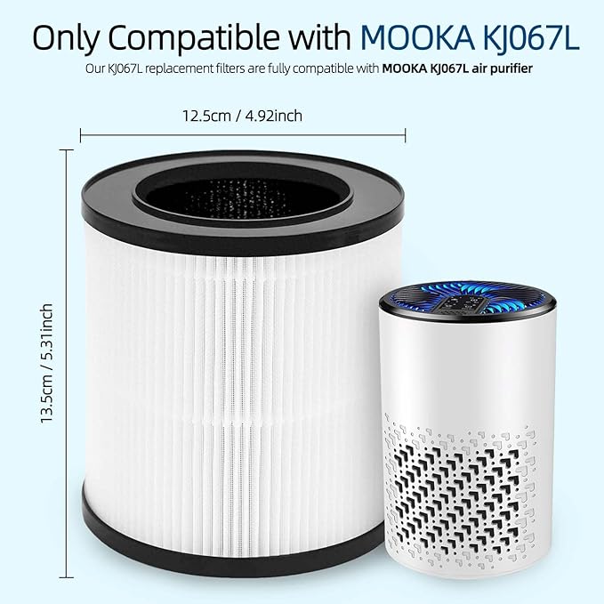 KJ067L Air Purifier Replacement Filter: for MOOKA KJ067L, 3-in-1 High-performance Filter with True Air Filter, Activated Carbon and Pre-filter for Smoke, Dust, Pet Odors, 2 - Pack