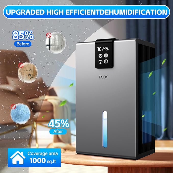 Dehumidifier, Dehumidifiers for Home, 98 OZ Water Tank, (1000 sq.ft) Quiet Dehumidifier for Basement Bedroom Bathroom with Humidity Display, Auto Shut Off, Relaxing 7 Color Ambient Light(Gray)