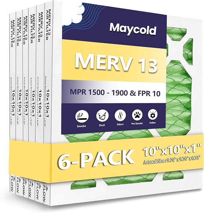Maycold MERV 13 10x10x1 Air Filter (6-Pack), High-Efficiency Pleated AC & Furnace Filters, Actual Size: 9.70” x 9.70” x 0.75”, Individually Wrapped in Plastic