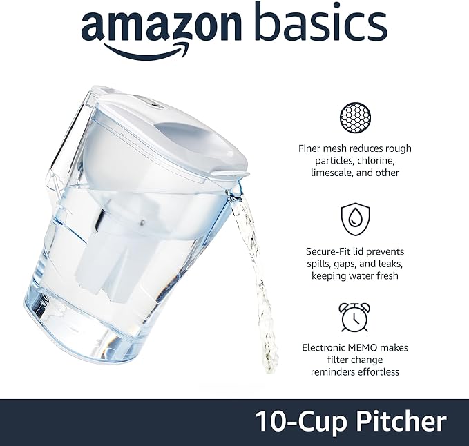Amazon Basics 10-Cup Pitcher with Filter Compatible with Brita Water Filter Pitcher for Clean, Crisp Water, WQA and NSF Certified, Made in Europe