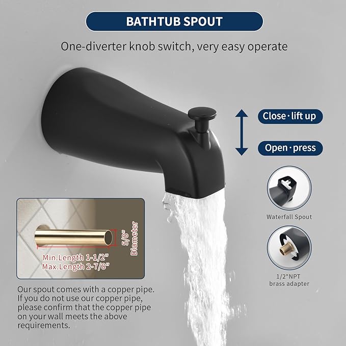 Tub and Shower Faucet Set Complete Dual Shower Head and Handheld 2 in 1 Combo Set Shower System with Tub Spout Tub and Shower Trim Kit Matte Black