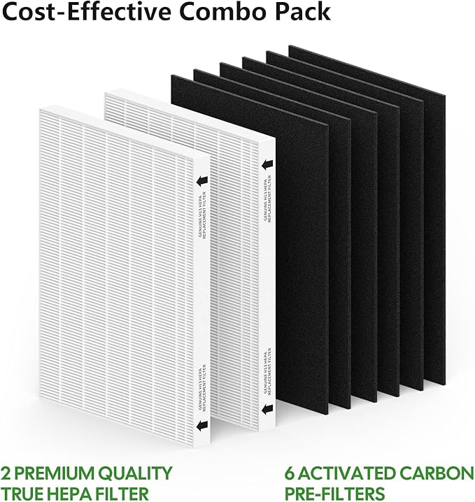 2 Pack Replacement Filter for Fellowes AeraMax 190/200/DB55/DX55 Purifier, Fits Part# 9287101 & 9324101, 2 Filter and 6 Carbon Filter
