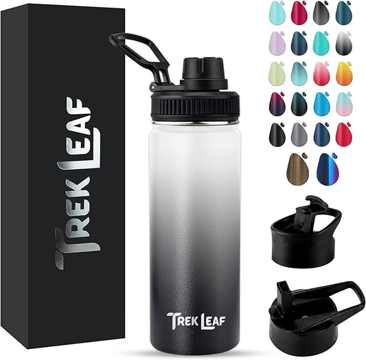 Travel Water Bottle with 3 Lids (Spout, Straw, Flip) Leak Proof, Quality, Vacuum Insulated, Stainless Steel (Day & Night, 18 oz)