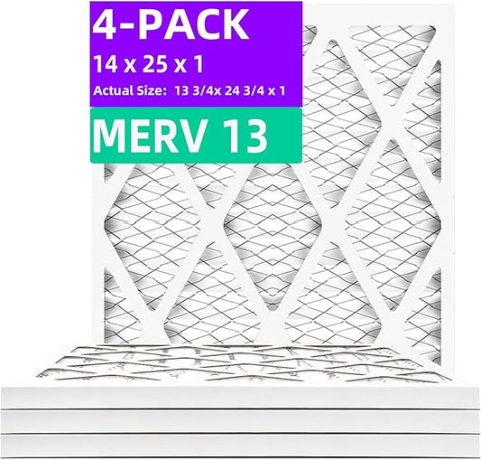 14x25x1 MERV 13 (4-Pack) Pleated Air Filter (Actual Size: 13.75" x 24.75" x 0.75") MPR 1900 & FPR 10, Furnace Air Filters