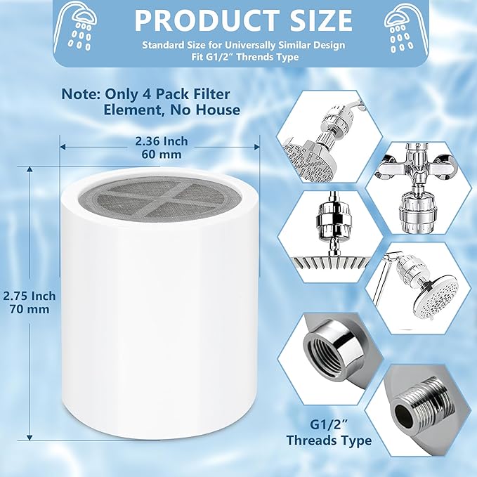 4 Pack 20 Stage Shower Head Filter, Shower Filter Replacement Cartridge for Hard Water, Universally Compatible With Any Similar Design, High Output, Clean and Softener Water