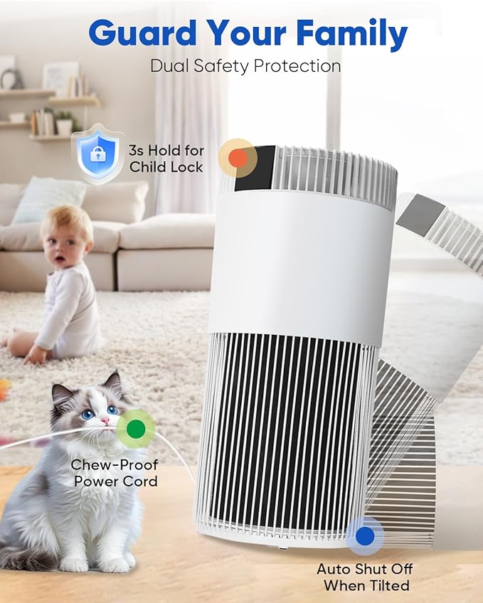Air Purifier for Home Large Room 1800 Ft² with Washable Filters, HEPA Filter Pet Air Purifier for Bedroom with PM2.5 Sensor, 20dB Sleep Mode, 360° Purification,12H Timer,Remove Dust, Odor, Smoke,White