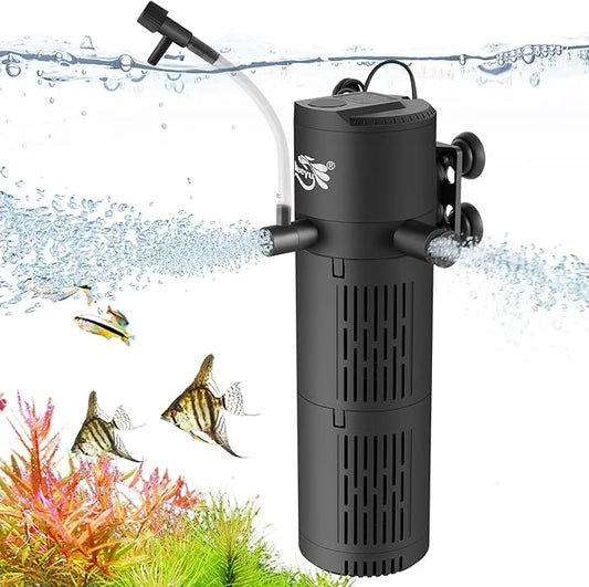 Aquarium Filter, Fish Tank Filter 4-in-1 for 40-120 Gallon Tanks, Submersible Internal Filter with Wave-Maker, Oxygenation & Adjustable Air Flow for Freshwater/Saltwater/Turtle Tanks (12W)
