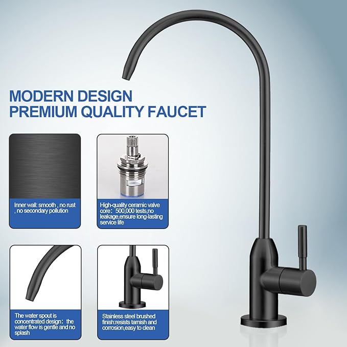 Drinking Water Faucet - Long Thread Stem Filtered Water Tap for Thick Countertop,Lead-Free RO Faucet with Hose and Push Connect Fittings(Matte Black)