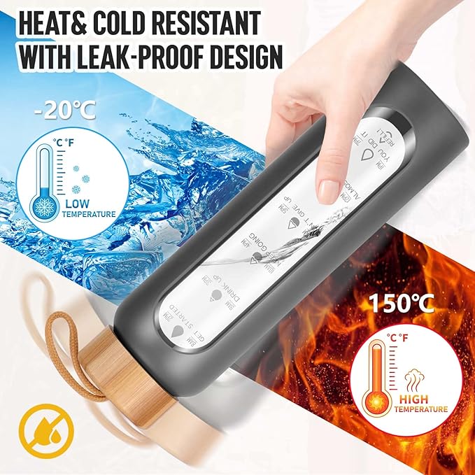 Aqulea Glass Water Bottles 32 Oz with Silicone Sleeve - BPA Free Reusable Wide Mouth Glass Motivational Water Bottles with Fruit Infuser – Leak Proof Borosilicate Water Bottle with Time Marker (Dark)