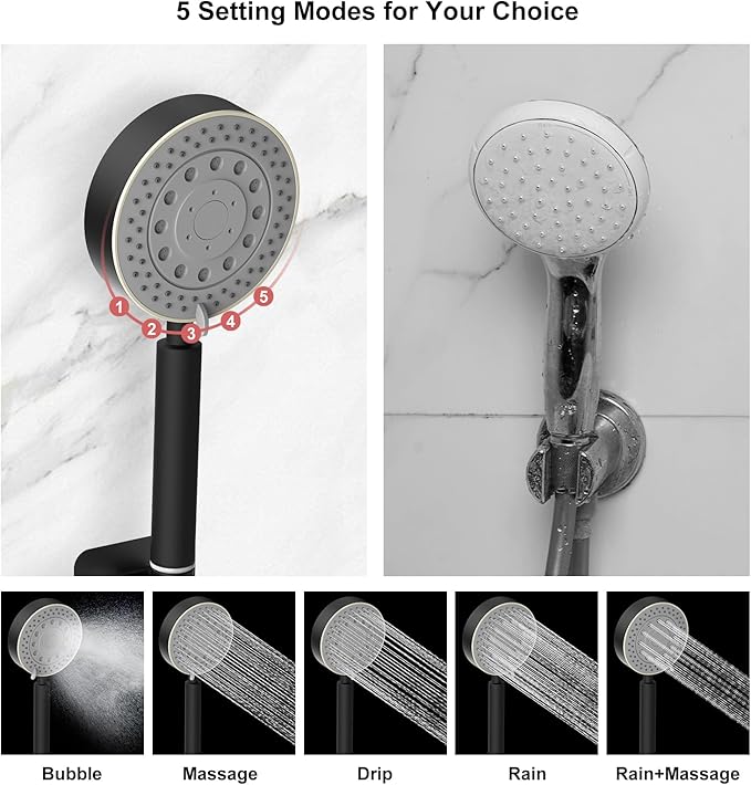 Shower Heads with Handheld Spray Combo 10" Matte Black High Pressure Rain Shower Head 11" Adjustable Extension Arm and 5 Settings Adjustable SUS 304 Handheld Showers, Shower Head Rainfall